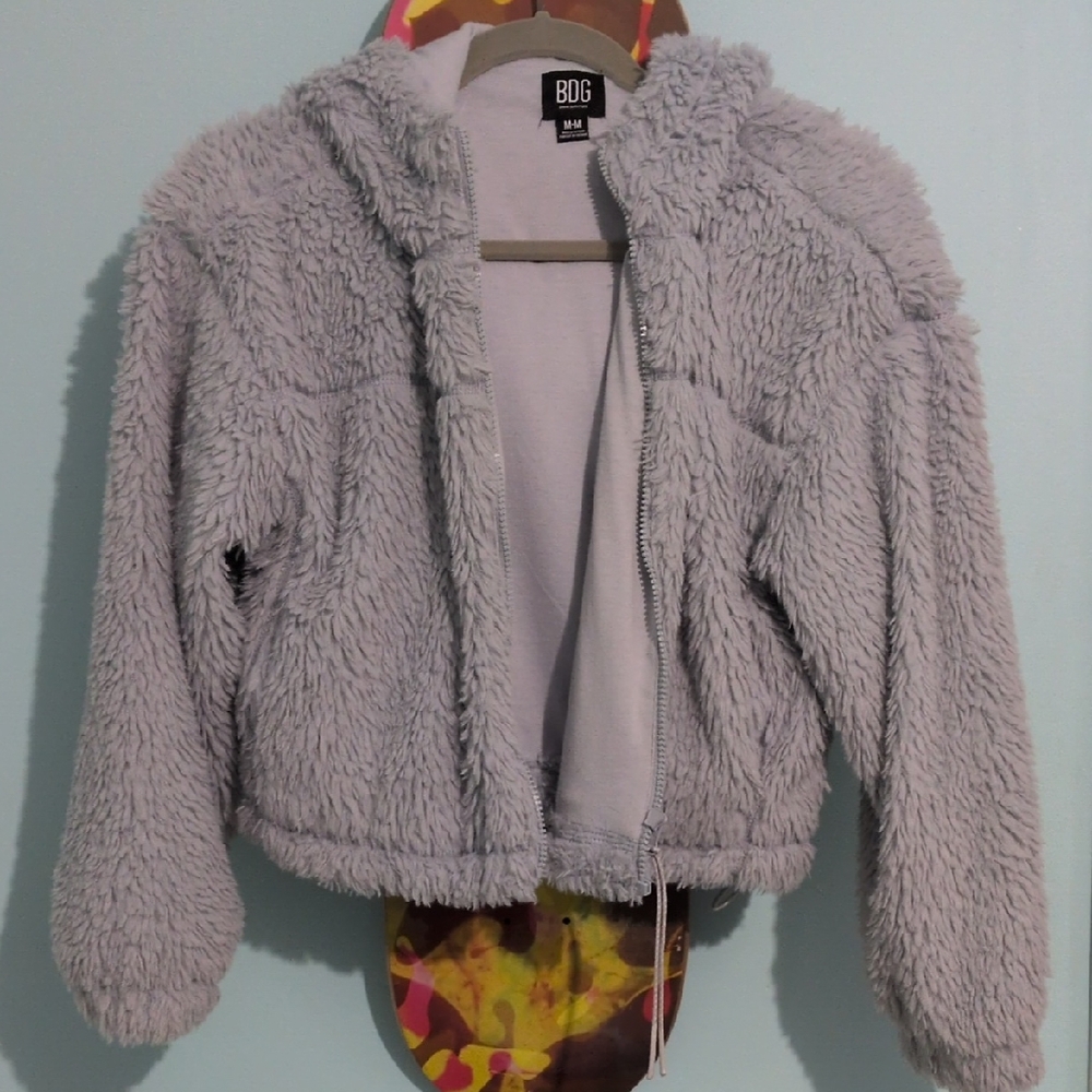 BDG Women's Plush Light Blue/Gray Teddy Jacket